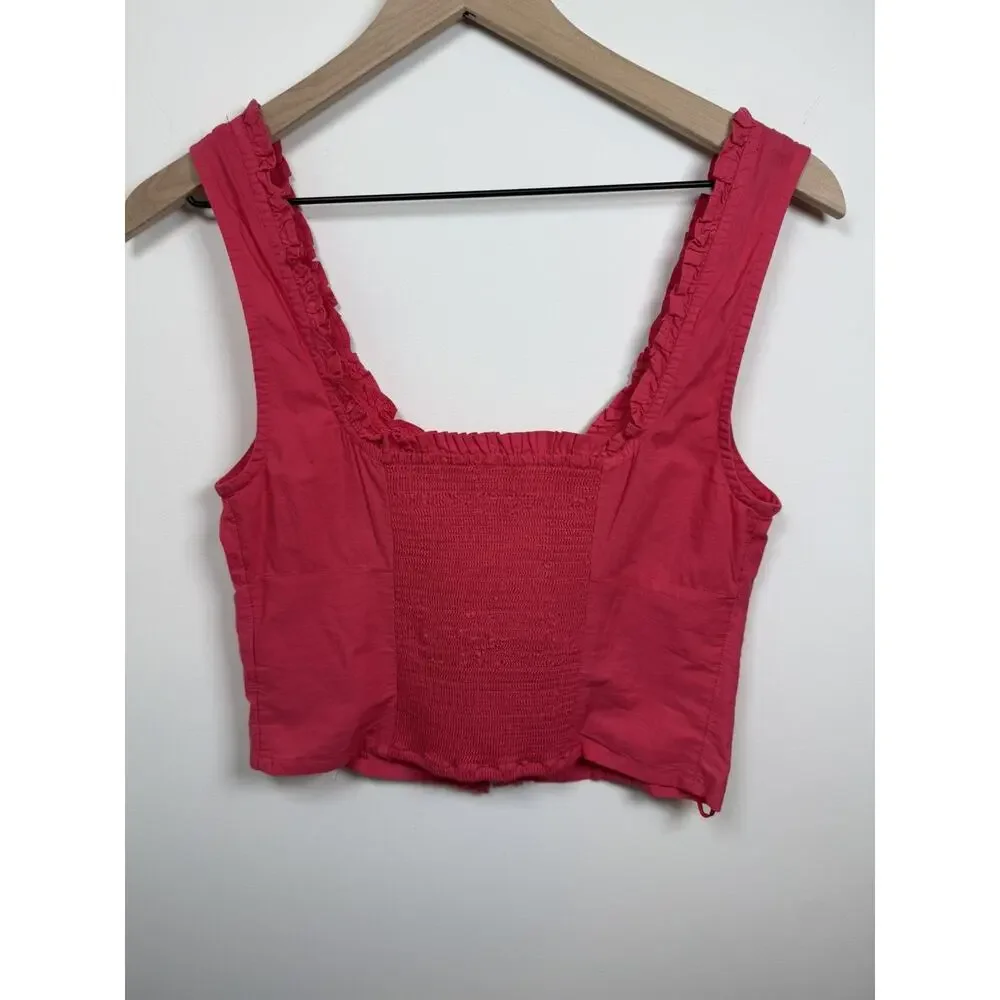 Free People Amelia Pink Corset Top Blouse Large Boho Beach Lagenlook Summer Crop